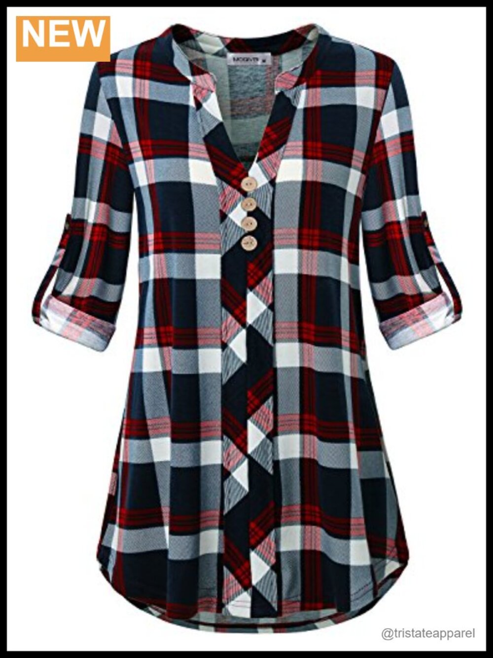 Women's Plaid Button Down Shirt V-Neck Roll Tab Sleeve Tunic Blouse